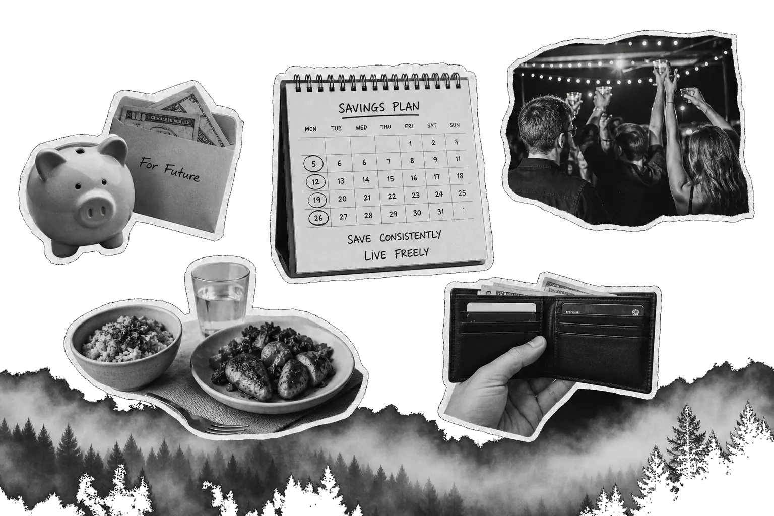 Collage en blanco y negro: alcancía, calendario de ahorro, brindis, comida sencilla y cartera, recortes con borde blanco y bosque abajo.