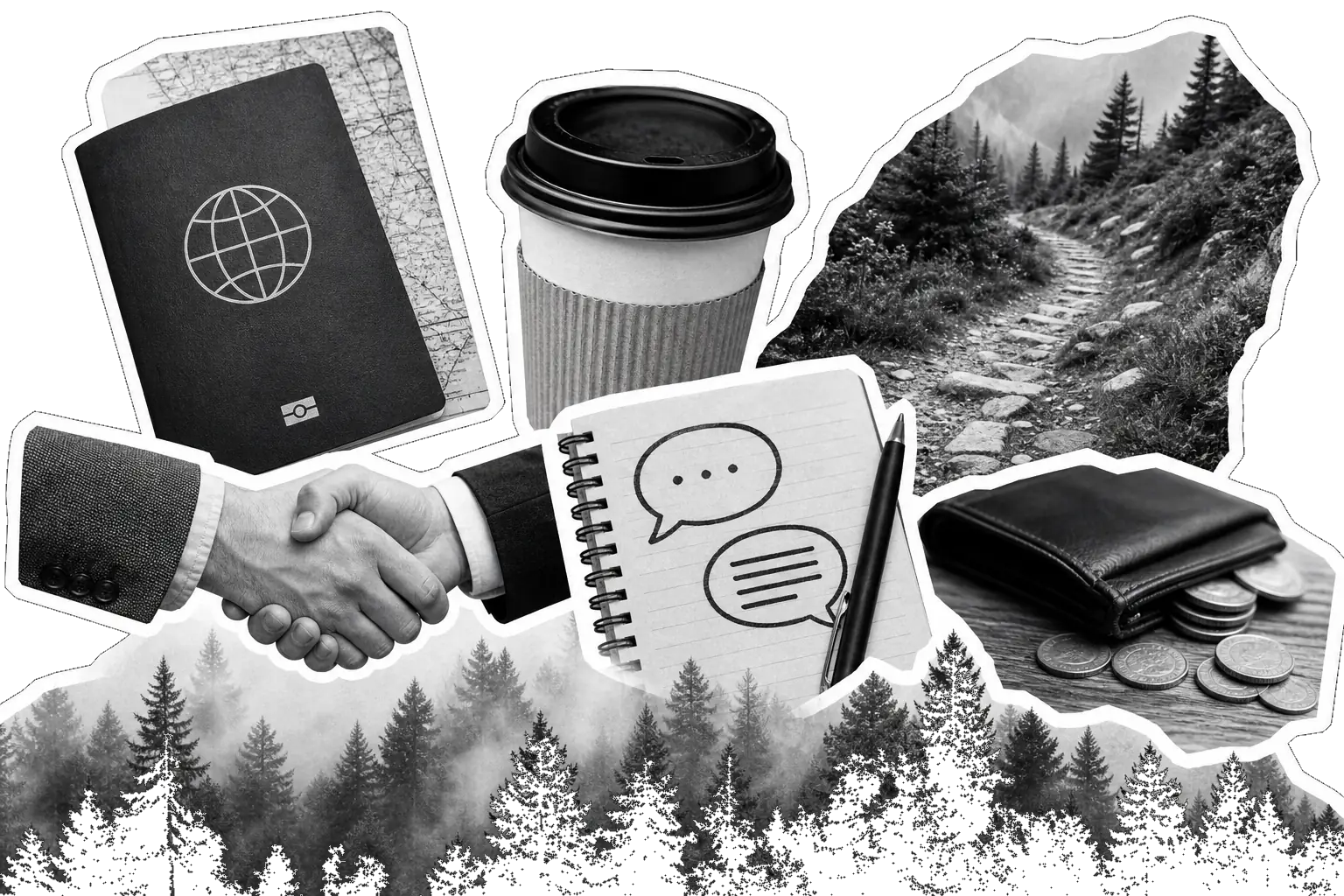 Collage en blanco y negro: pasaporte sobre un mapa, café, camino en el bosque, apretón de manos, libreta y cartera, recortes con borde blanco y bosque abajo.
