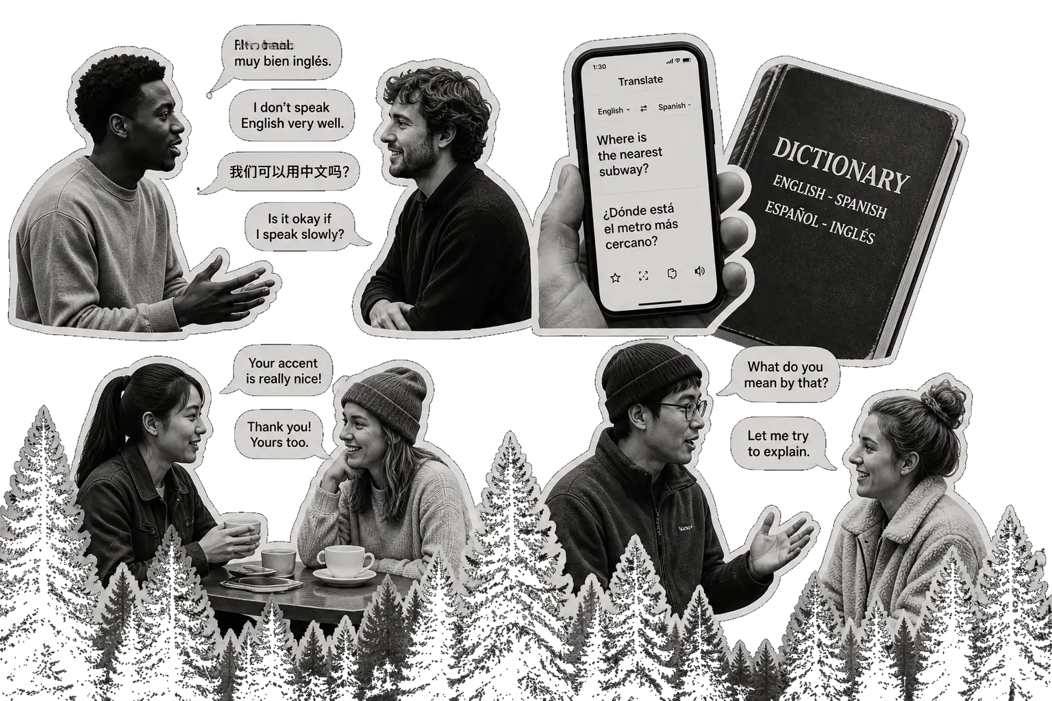Collage en blanco y negro: conversaciones en varios idiomas, app de traducción y diccionario inglés-español, recortes con borde blanco y bosque abajo.