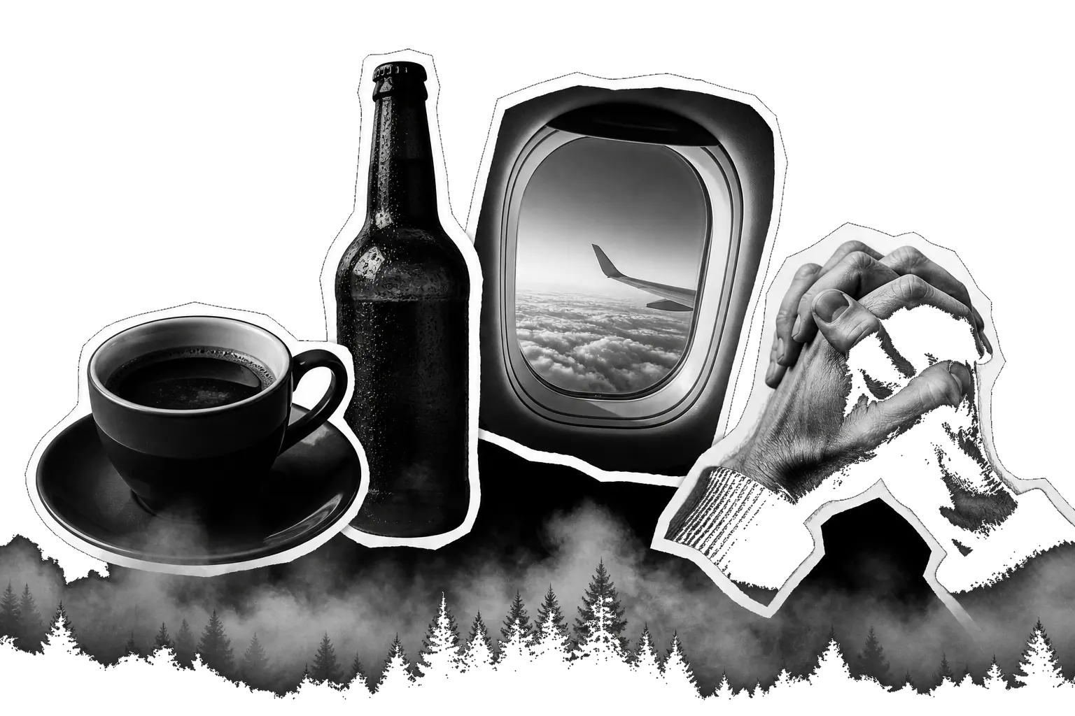 Collage en blanco y negro: taza de café, botella, ventanilla de avión y manos entrelazadas, recortes con borde blanco y bosque con niebla.