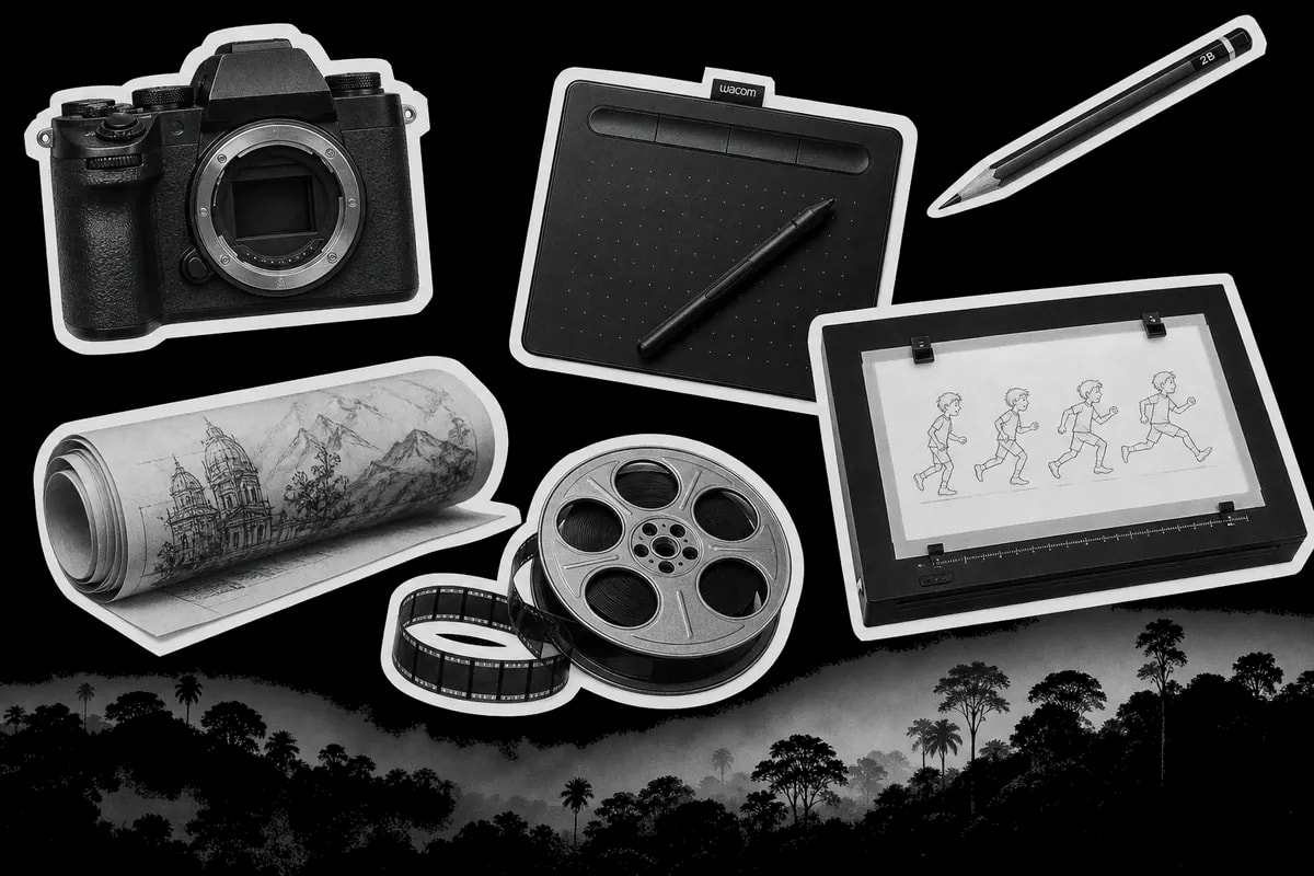 Collage en blanco y negro: cámara, tableta de dibujo, lápiz, plano, rollo de cine y caja de animación, recortes con borde blanco y bosque abajo.