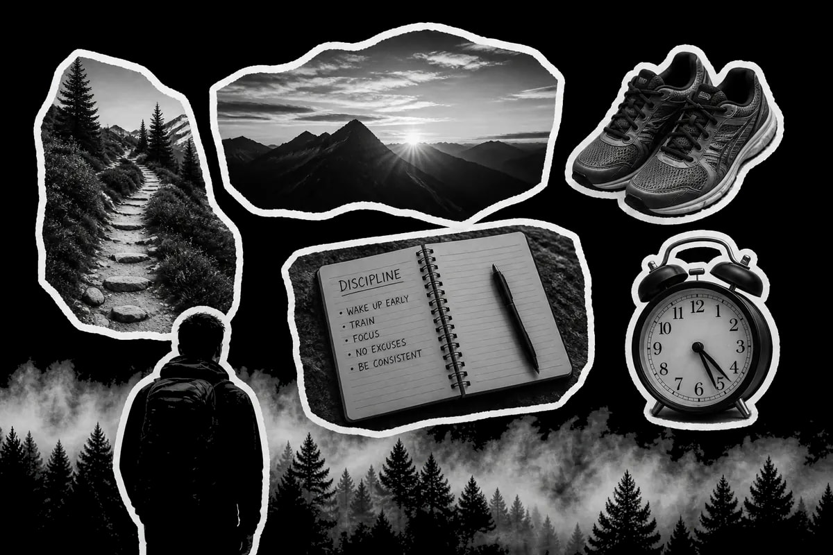 Collage en blanco y negro: lista de disciplina, despertador, tenis, amanecer en montaña y alguien con mochila, recortes con borde blanco y bosque abajo.
