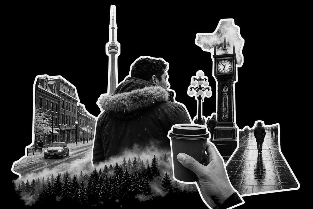 Collage en blanco y negro: parka de invierno, CN Tower, reloj de vapor de Gastown, calle nevada y café, recortes con borde blanco y bosque abajo.