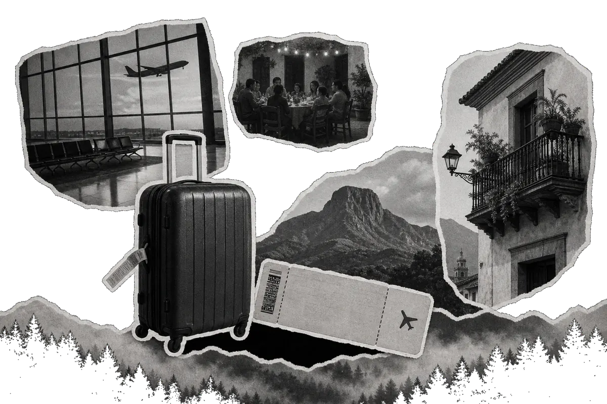 Collage en blanco y negro: maleta, pase de abordar, aeropuerto, cena familiar y fachada de casa, recortes con borde blanco y bosque abajo.