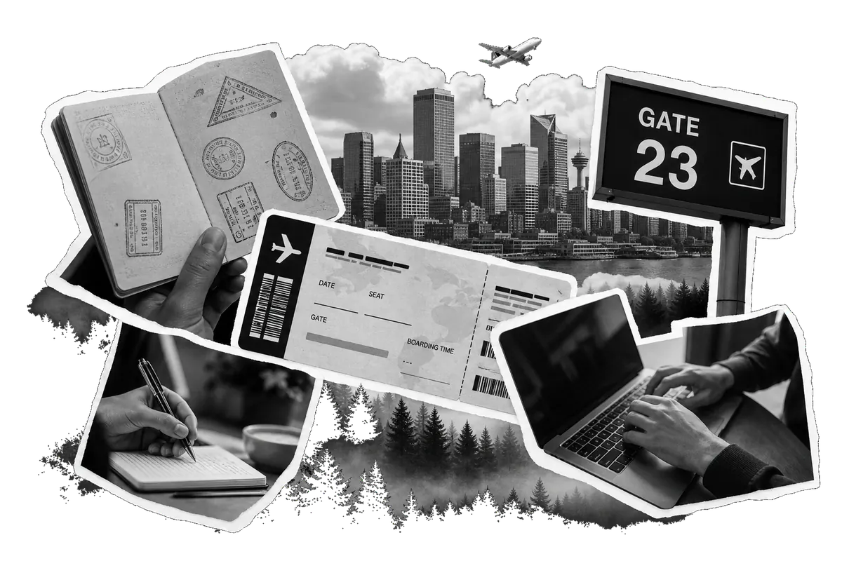 Collage en blanco y negro: pasaporte sellado, skyline, letrero de gate, pase de abordar, manos escribiendo y un laptop, recortes con borde blanco y bosque abajo.