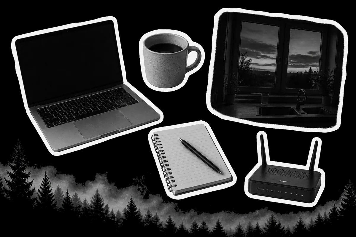 Collage en blanco y negro: laptop, taza, vista por la ventana, libreta y router, recortes con borde blanco y bosque con niebla.